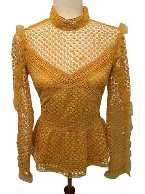 INA Crochet Lace Peplum Blouse Yellow Sz Small Mock Neck Ruffle Sleeve Boho